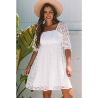 White Floral Lace Puff Sleeve Empire Waist Mini Dress - M