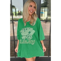 Bright Green Rhinestone Lucky Poker Cards Oversized T Shirt Mini Dress - M