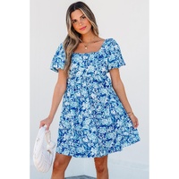 Blue Floral Puff Sleeve Babydoll Mini Dress - L
