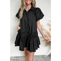 Black Shirt Style Button Down Puff Sleeve Ruffle Hem Dress - M