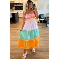 Multicolour Colorblock Self-tie Straps High Waist Flowy Maxi Dress with Pockets - M