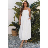Beige Stripe Spaghetti Strap Pocketed High Waist Maxi Dress - L