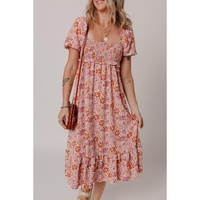 Pink Floral Square Neck Knotted Ruffle Midi Dress - L