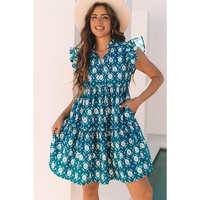 Blue Retro Floral Print Split Neck Ruffle Short Sleeve Dress - XL