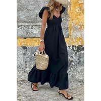 Black V Neck Flutter Sleeve Smocked Bodice High Waist Ruffle Maxi Dress - XL