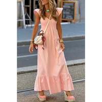 Pink V Neck Flutter Sleeve Smocked Bodice High Waist Ruffle Maxi Dress - L
