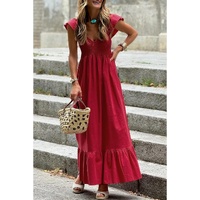 Fiery Red V Neck Flutter Sleeve Smocked Bodice High Waist Ruffle Maxi Dress - L