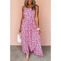 Pink Floral Cutout Back Empire Waist Sleeveless Maxi Dress - L