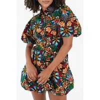 Multicolour Floral Puff Short Sleeve Shirt Mini Dress - L