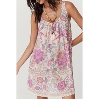 Multicolour Floral Print Fringed Tie U Neck Sleeveless Mini Dress - L