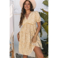 Yellow Floral Short Sleeve V Neck Frilly Tiered Mini Dress - L