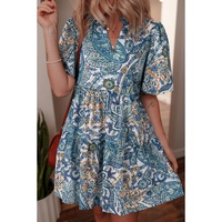 Blue Bohemian Paisley Floral V Neck Short Sleeve Mini Dress - L