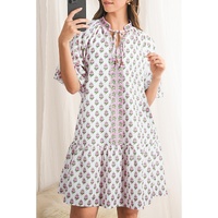 Pink Floral Print Bubble Sleeve Neck Tie Ruffled Dress - L