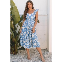 Sky Blue Floral U Neck Flutter Shoulder Tiered Flowy Midi Dress - L