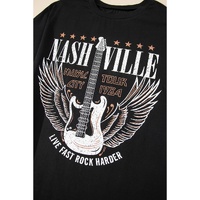 Black Nashville Guitar Print Crew Neck T Shirt Mini Dress - S