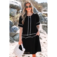 Black Contrast Scallop Trim Bow Detail Half Sleeve Shift Dress - S