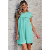 Mint Green Frilled Trim Crew Neck Loose Fit Mini Dress - L