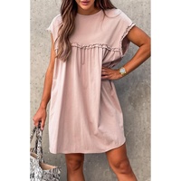 Oatmeal Frilled Trim Crew Neck Loose Fit Mini Dress - L