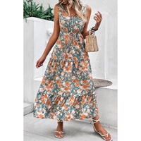 Green Floral Print Trimmed V Neck Tie Waist Sleeveless Holiday Long Dress - L