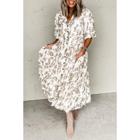 Khaki Floral Puff Sleeve V Neck Buttoned Front Maxi Dress - L