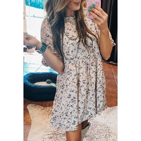 Beige Floral Puff Short Sleeve Empire Waist Mini Dress - L