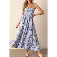 Sky Blue Floral Print Spaghetti Strap High Waist Maxi Dress - S