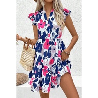 Fashion Floral Print Notched Neck Flutter Sleeve Mini Dress - L