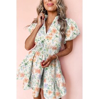 Beige Floral Print Shirred High Waist Puff Sleeve Mini Dress - L