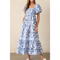 Sky Blue Floral Print Square Neck Bubble Sleeve High Waist Maxi Dress - M