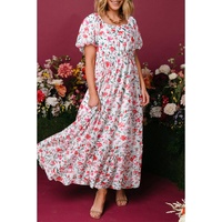 Pink Floral Puff Sleeve Square Neck Empire Waist Tiered Maxi Dress - L