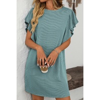 Canton Corded Ruffle Sleeve Crew Neck Shift Dress - S