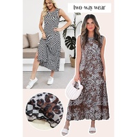 Multicolour Leopard Checkered Double Printed Reversible Sleeveless Long Dress - L