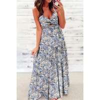 Blue Paisley Print Twist Detail Smocked Back Spaghetti Straps Long Dress - L