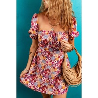 Red Floral Puff Sleeve Square Neck Knot Open Back Mini Dress - L