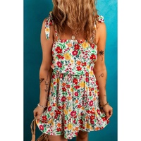 Red Floral Knotted Straps Cinched Waist Ruffle Hem Mini Dress - L