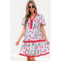 Pink Floral Print Contrast Trim V Neck Bubble Short Sleeve Babydoll Dress - L