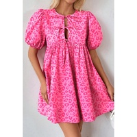 Rose Leopard Puff Sleeve Tie Front High Waist Mini Dress - S