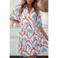 Orange Contrast Palm Tree Printed Short Sleeve Flowy Dress - L