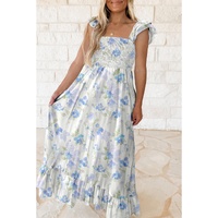 Sky Blue Floral Smocked High Waist Double Ruffle Sleeveless Long Dress - S