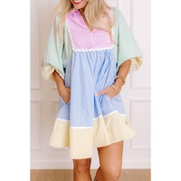 Multicolour Striped Patchwork Ric Rac Puff Sleeve Collared Mini Dress - XL