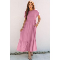 Pink Solid Color T-shirt High Waist Pocketed Long Dress - M