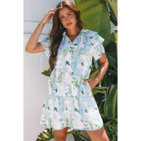 Sky Blue Floral Contrast Edge Layered Short Sleeve Mini Dress - L