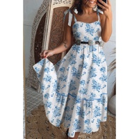 Sky Blue Floral Print Shirred Knot Shoulder Sleeveless Long Dress - S