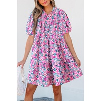 Pink Floral Collared Half Placket Short Sleeve Loose Dress - L