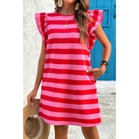 Red Stripe Flutter Sleeve Round Neck Shift Dress - M