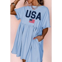 Sky Blue USA Flag Print Short Sleeve High Waist Babydoll Dress - M