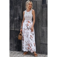 Azura Exchange White Striped Floral Print Sleeveless Maxi Dress with Pocket - M