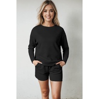 Black Textured Long Sleeve Top and Drawstring Shorts Set - XL