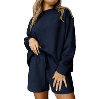 Navy Blue Textured Long Sleeve Top and Drawstring Shorts Set - XL