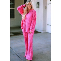 Rose Pleated Long Sleeve Shirt and Wide-Leg Pants Set - M